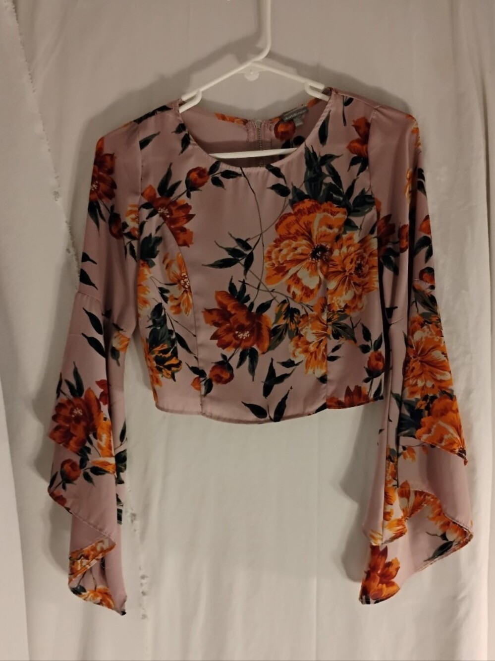 Charlotte Russe Blush Pink Floral Bell-Sleeve Crop Top